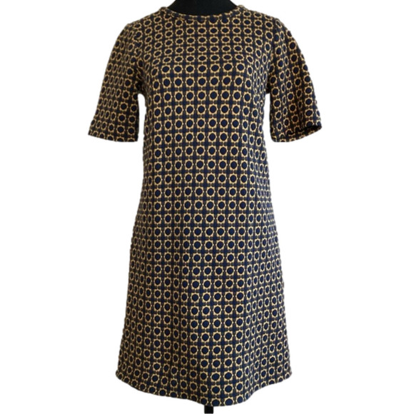 Ann Taylor Loft navy blue & orange geometric print quilted shift dress. Size XS - Picture 1 of 9